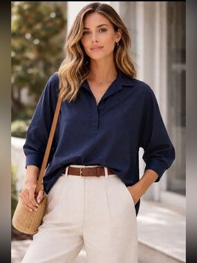 MaxMara Navy Relaxed Button-Front Blouse